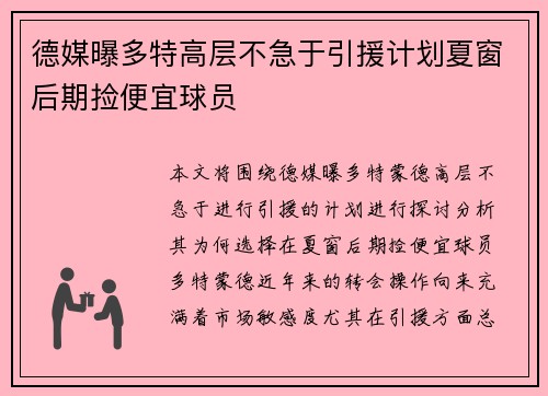 德媒曝多特高层不急于引援计划夏窗后期捡便宜球员